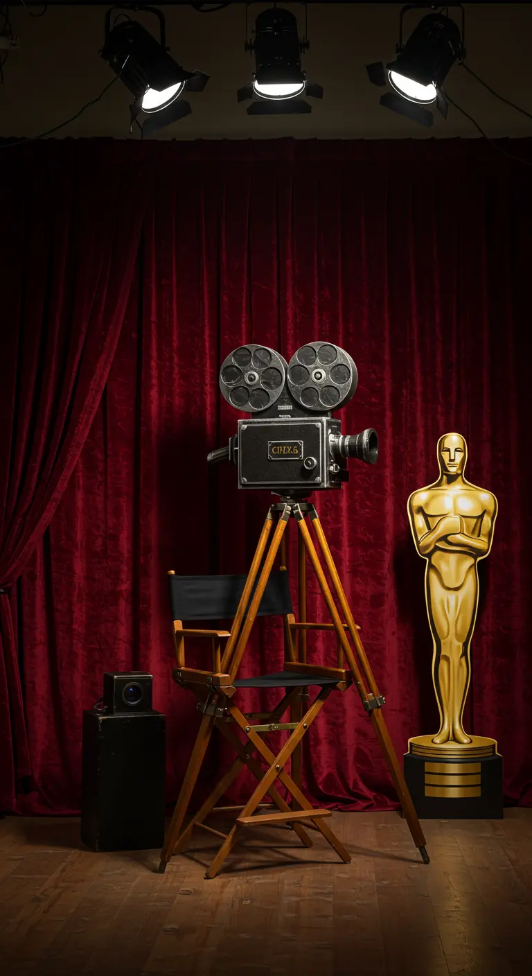 Old-Hollywood-Fotobooth mit rotem Samtvorhang, Filmkamera und Oscar-Statue.