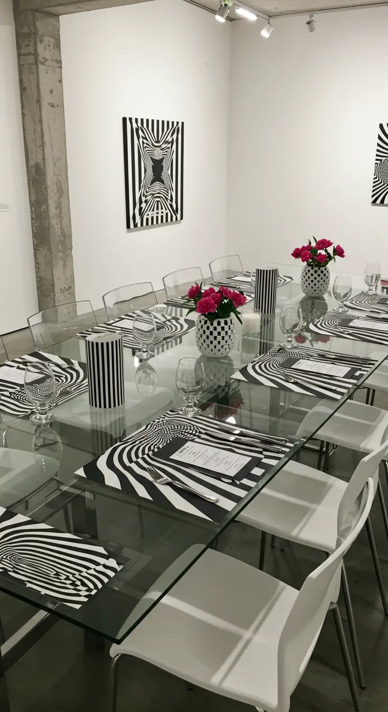 Gedeckter Tisch mit schwarz-weißen Op-Art-Tischsets in einer Galerie.