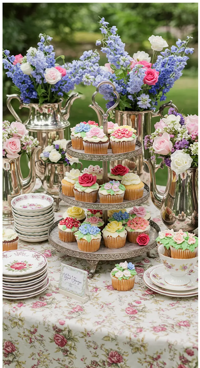Üppig gedeckter Kaffeetisch mit floralem Muster, Silberkannen und kunstvollen Cupcakes.