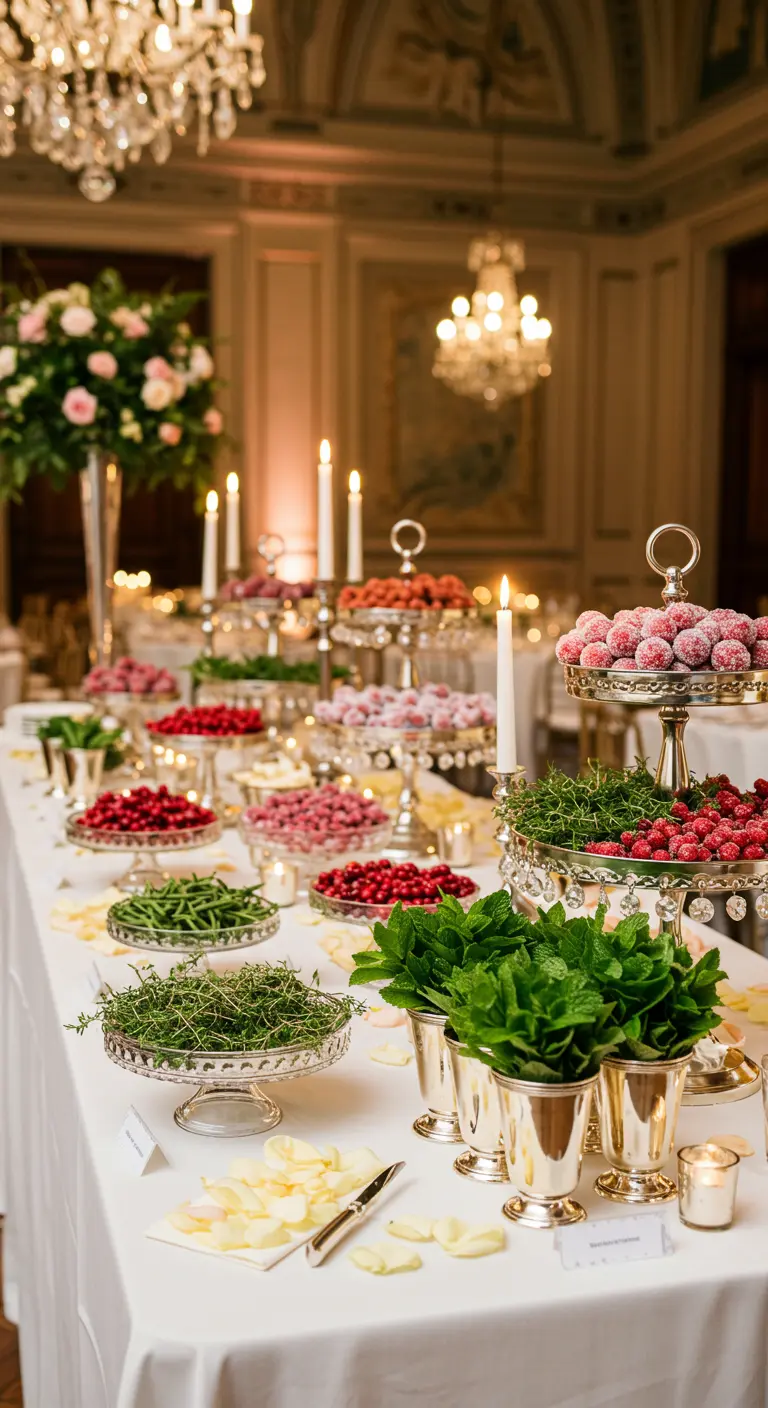 Elegante Cocktail-Garnish-Tafel mit Kristall-Etageren, Silberbechern und frischen Beeren.