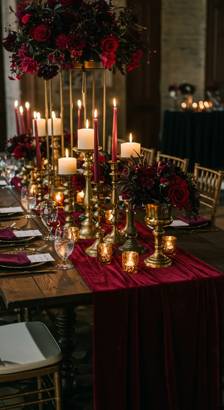 Festtafel mit burgunderrotem Samtläufer, hohen goldenen Kerzenständern und dunkelroten Blumen