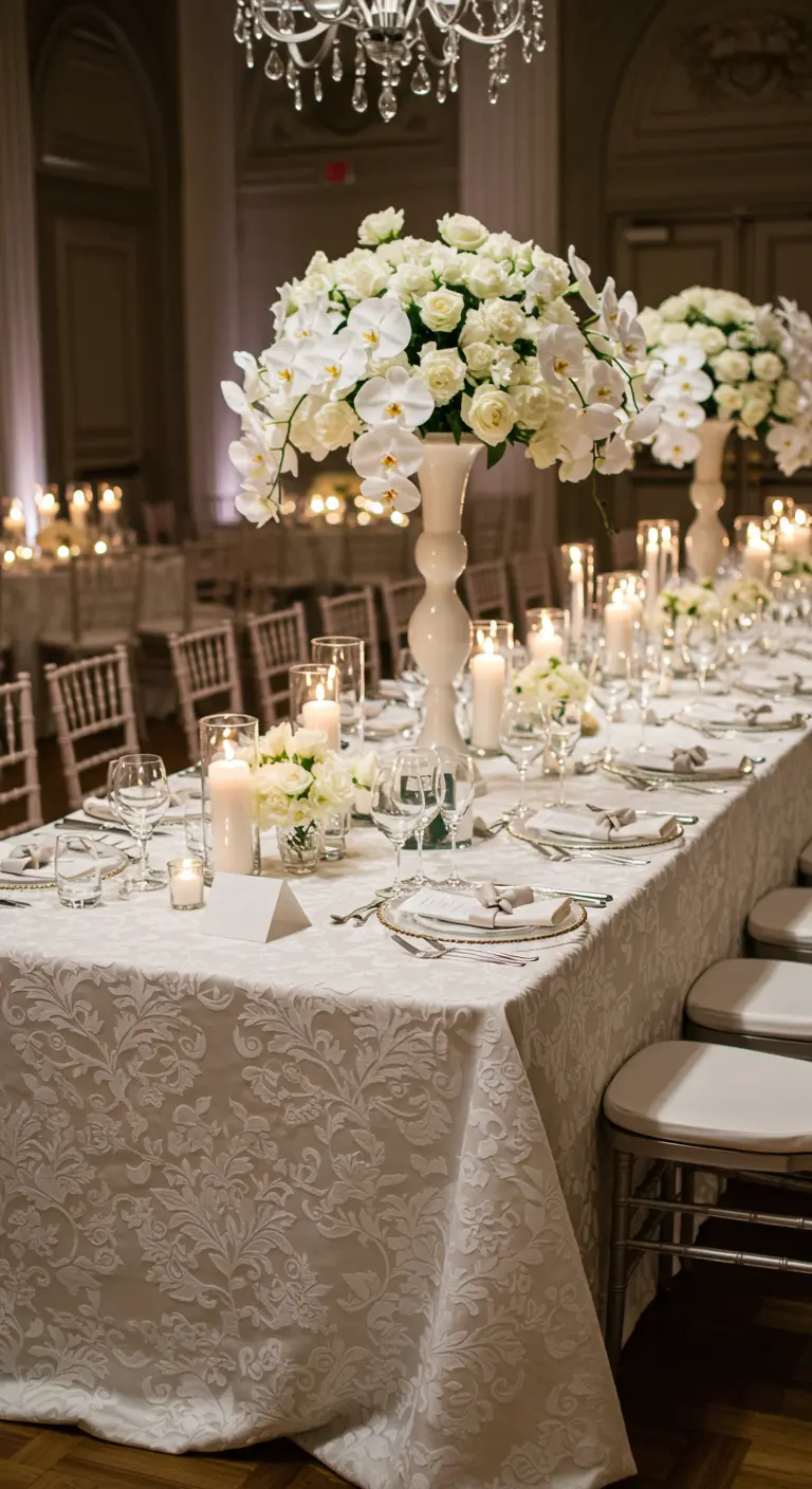 Elegant gedeckter Hochzeitstisch mit Damastdecke, hohen weißen Vasen und Kerzenlicht.