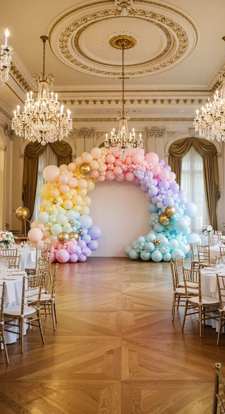 Großer, pastellfarbener Regenbogen-Ballonbogen mit goldenen Akzenten in einem prunkvollen Ballsaal.