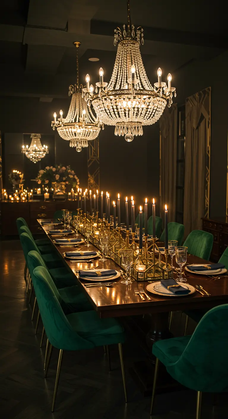 Lange Tafel mit schwarzen Kerzen in goldenen Haltern unter opulenten Kristall-Lüstern