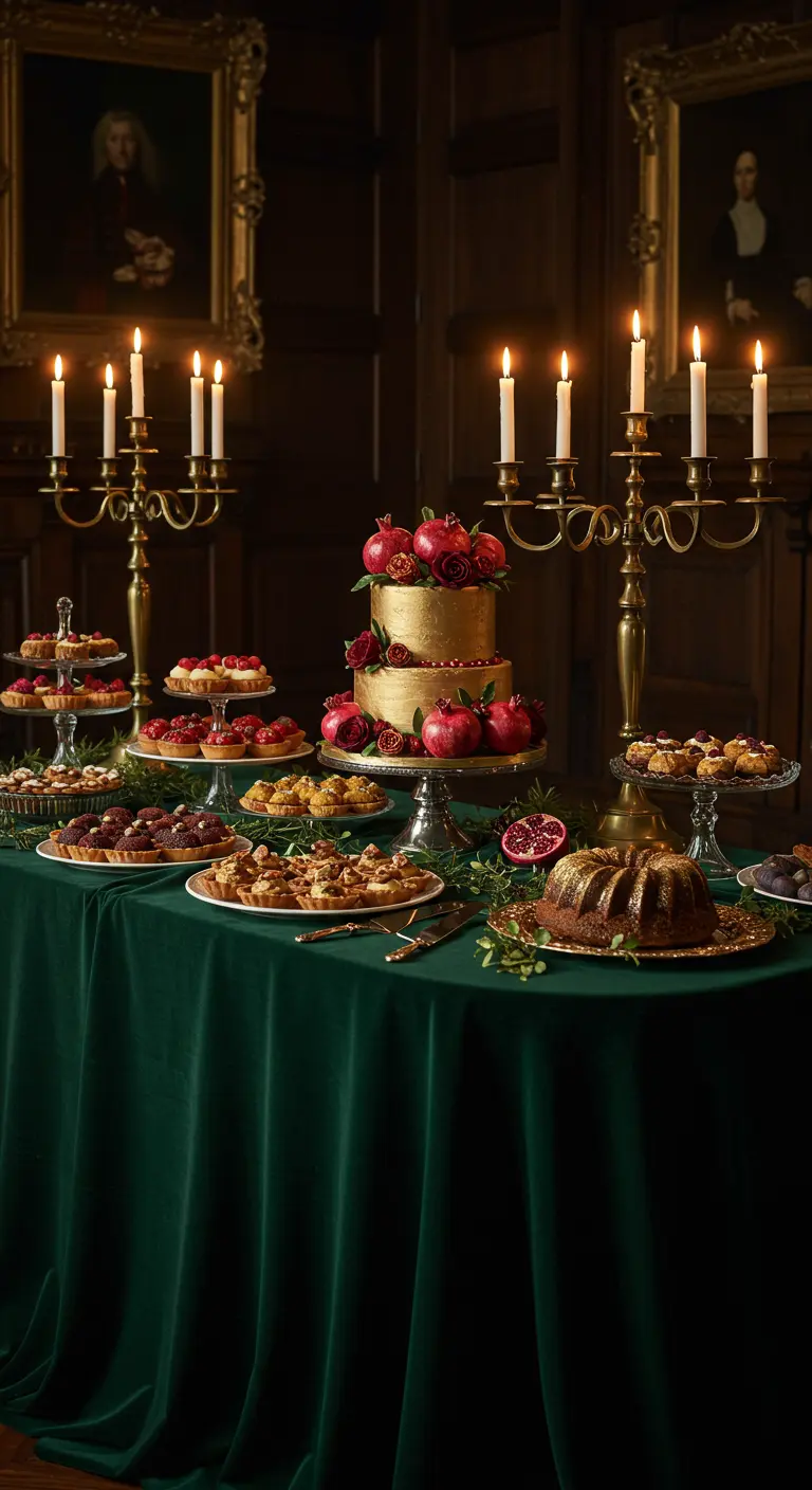 Festlicher Desserttisch mit Goldtorte und Granatäpfeln auf dunkelgrünem Samt.