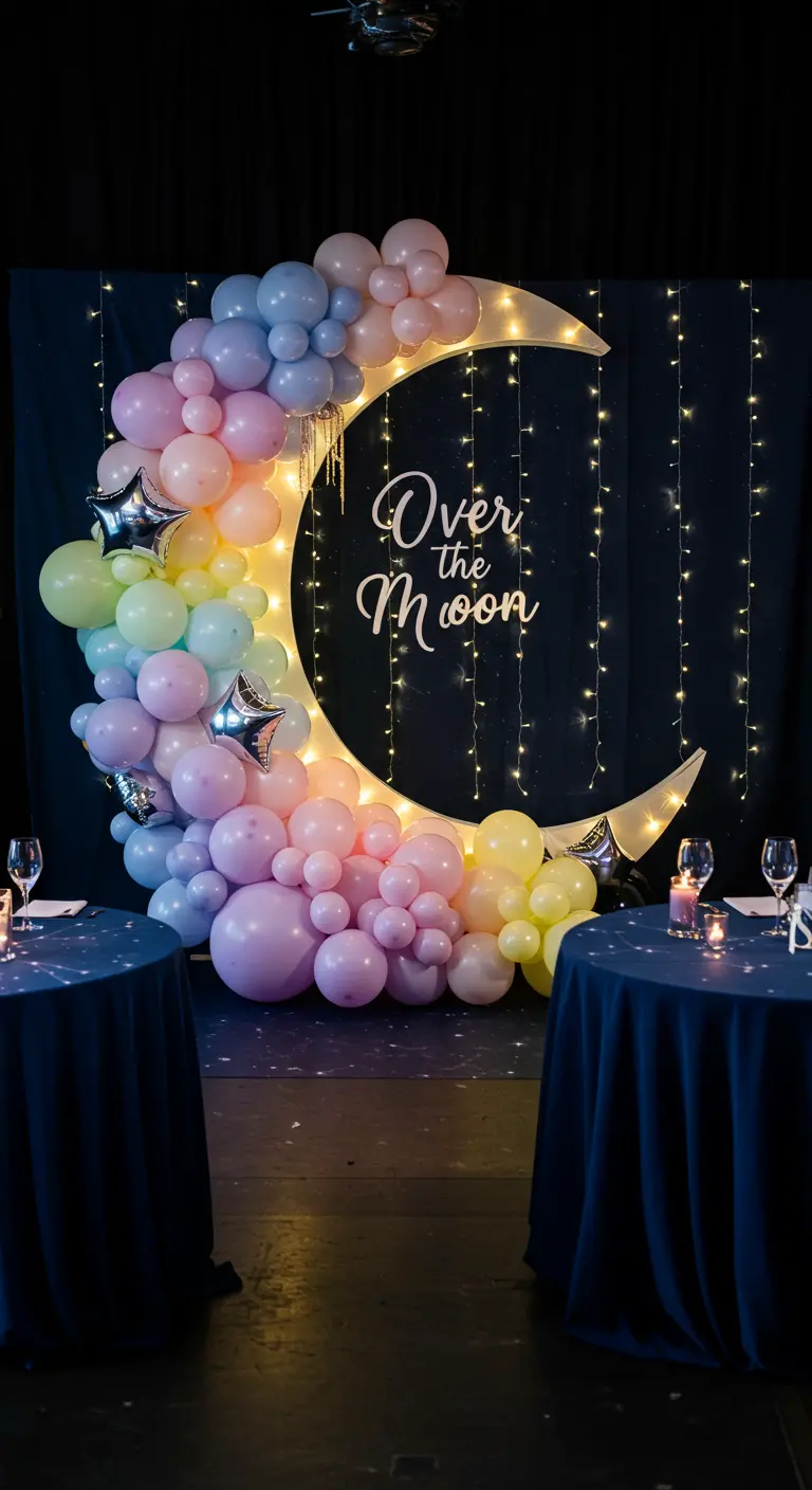 Pastell-Ballonbogen an einer großen Mondsichel befestigt, umgeben von Lichterketten.