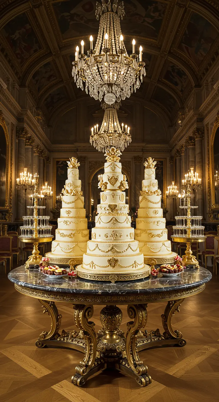 Prunkvoller Ballsaal mit drei riesigen Hochzeitstorten auf einem verzierten Gold-Marmor-Tisch