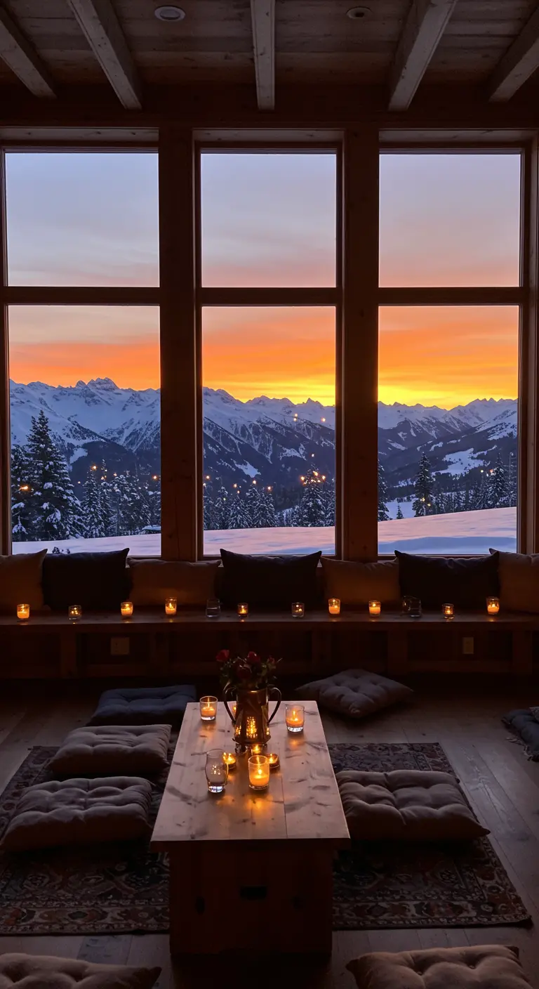 Sitzbereich mit Bodenkissen und Kerzen vor einem großen Fenster mit Bergblick.
