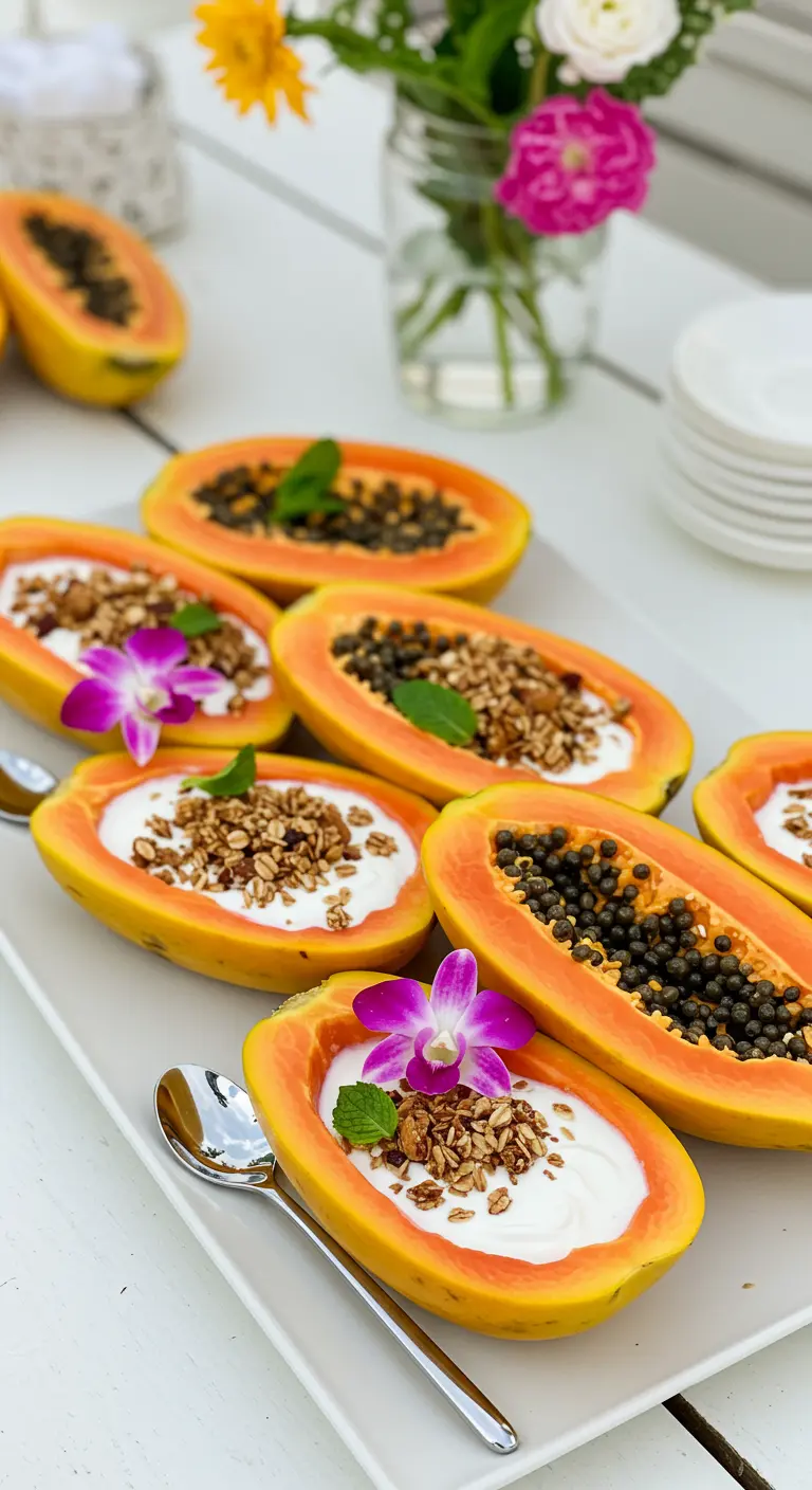 Halbierte Papayas, gefüllt mit Joghurt und Müsli, verziert mit kleinen Orchideen
