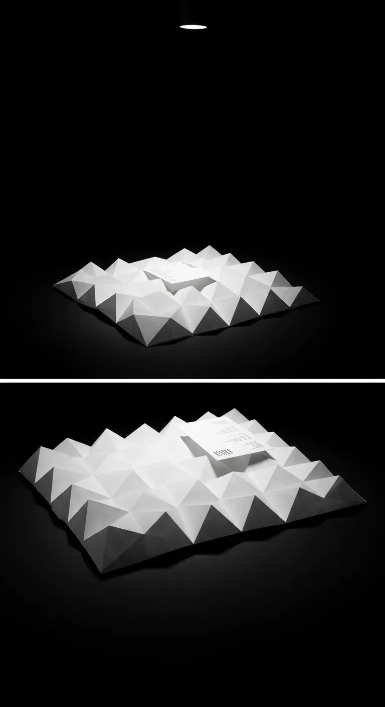 Weißes, zu einer 3D-Struktur gefaltetes Papiertischset auf schwarzem Grund.