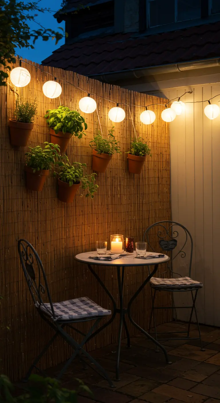Kleine Terrasse mit Bistrotisch, Stühlen und einer Bambuswand mit Kräutertöpfen und Lampion-Lichterkette.