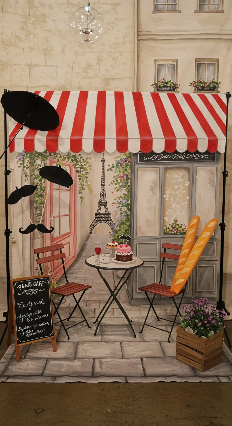 Photobooth-Hintergrund mit Pariser Straßencafé-Motiv, Bistrotisch und Stühlen