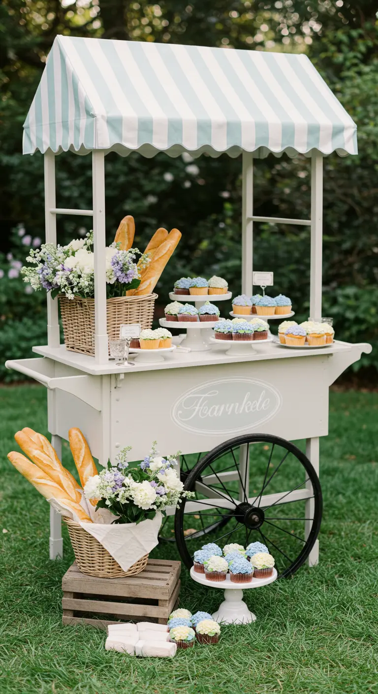 Weißer Marktwagen mit gestreifter Markise, gefüllt mit Cupcakes, Blumen und Baguettes.