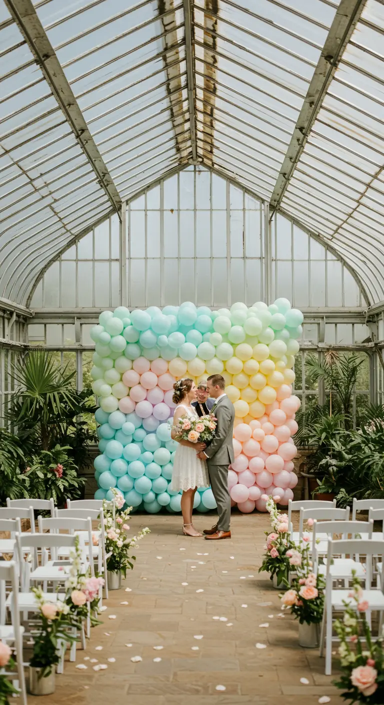 Paar vor einer riesigen Ballonwand in Regenbogen-Pastellfarben