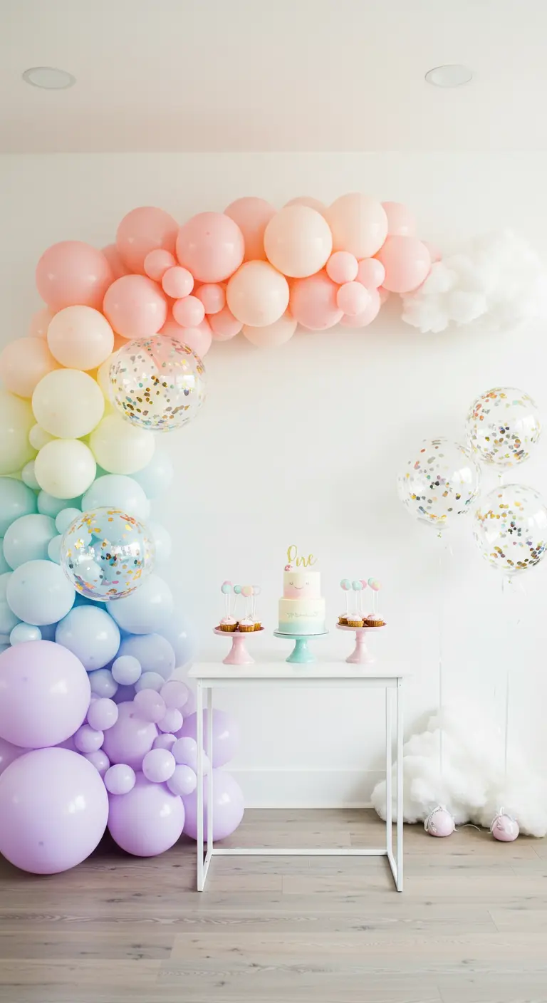 Pastellfarbener Regenbogen-Ballonbogen über einem minimalistischen Sweet Table