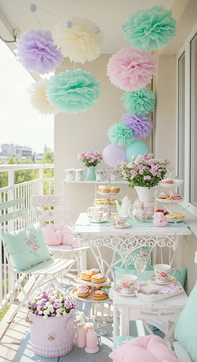 Balkon-Teeparty mit Papier-Pompoms in Pastellfarben und verschnörkeltem Tisch.