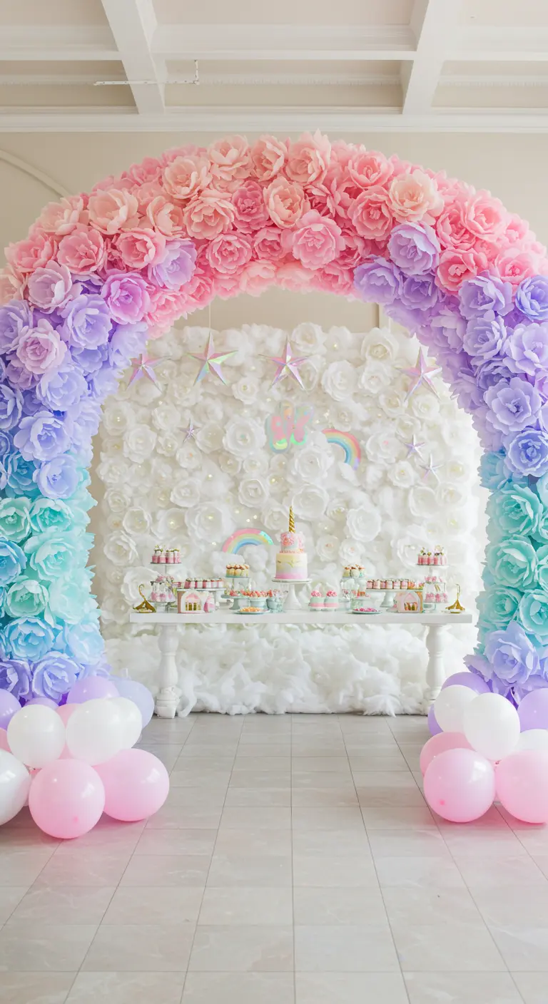 Ein Regenbogen-Bogen aus Papierblumen in Pastellfarben vor einer weißen Blütenwand.