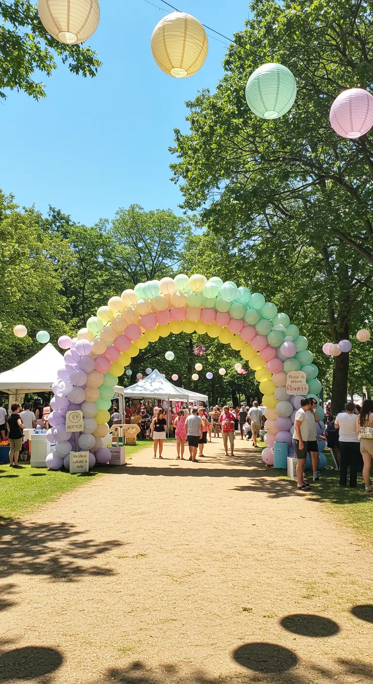 Ein Ballonbogen in Pastellfarben, umrahmt von schwebenden Papierlampions im Park.