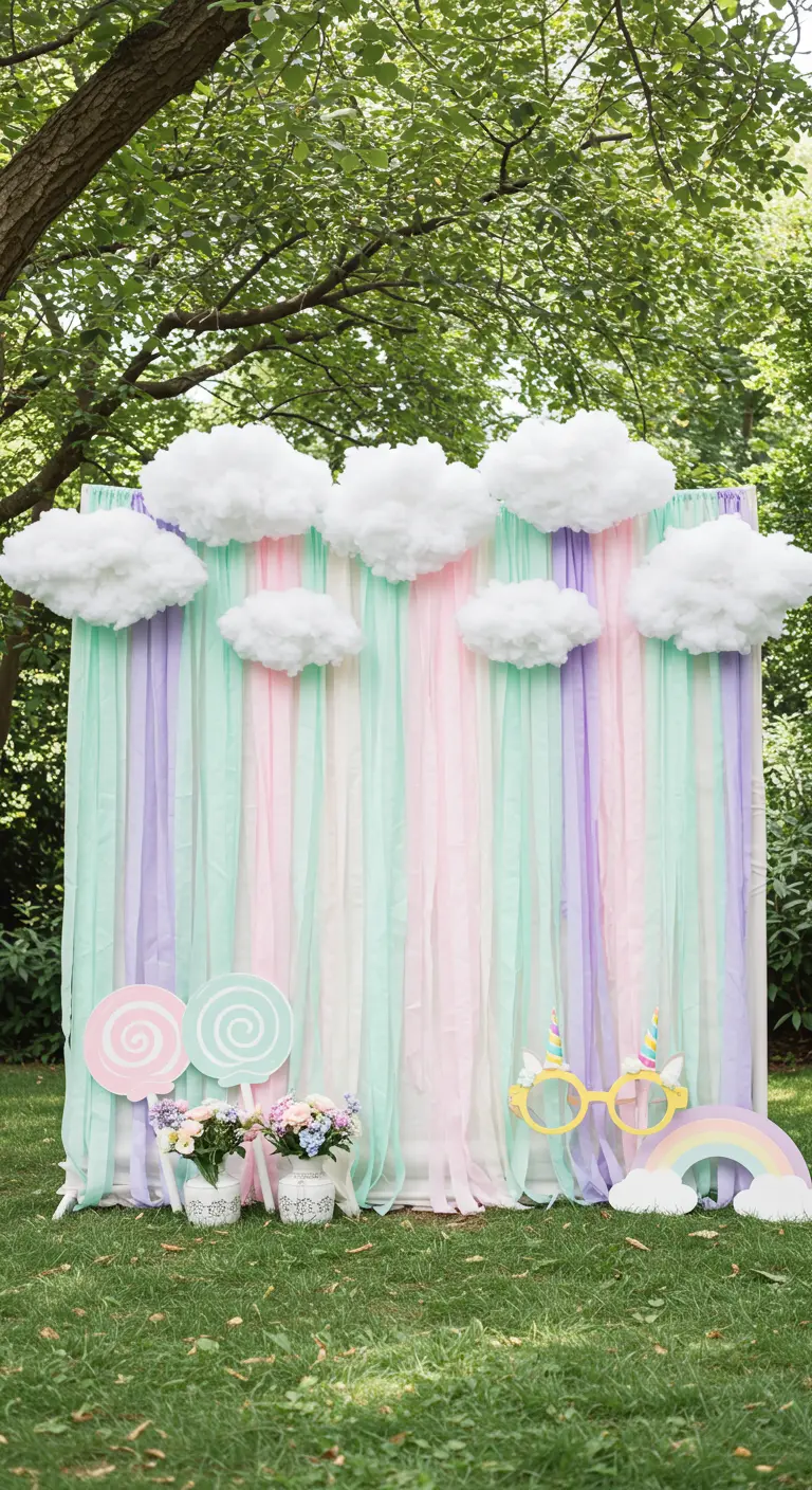 DIY-Photobooth mit pastellfarbenen Stoffbahnen, Watte-Wolken und Einhorn-Requisiten