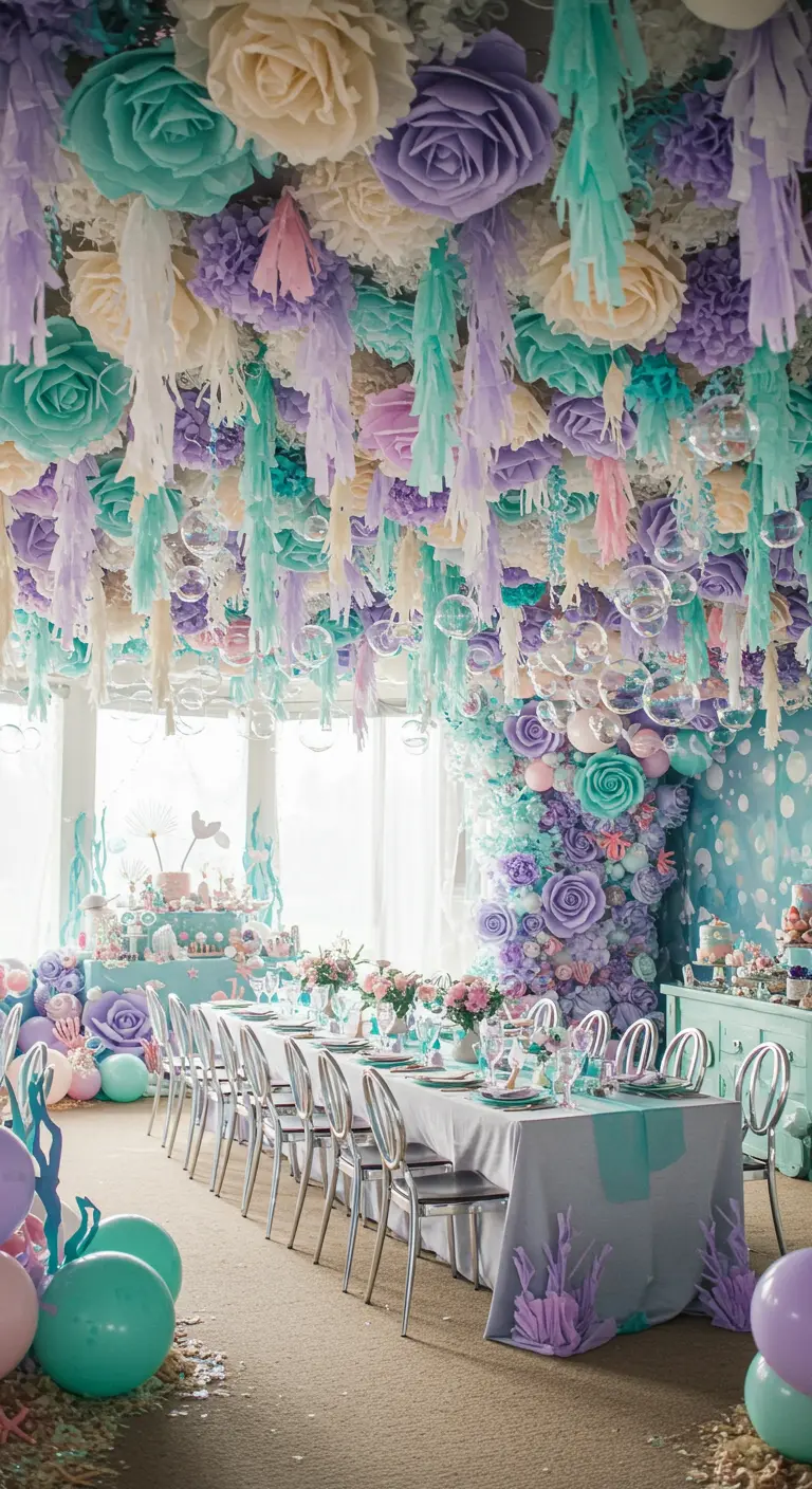 Decke über einer Festtafel, dekoriert mit Papierblumen und Quasten in Pastellfarben.