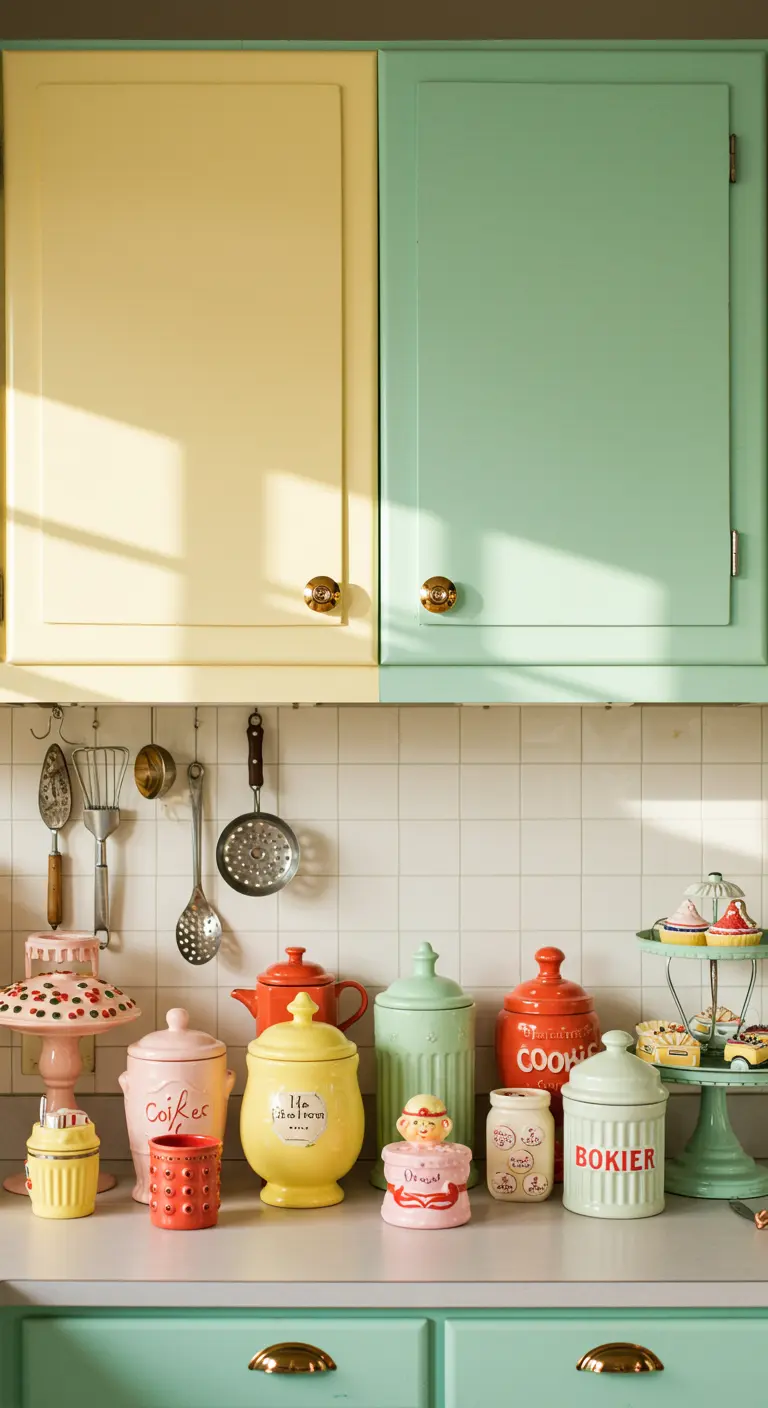Eine Retro-Küchentheke mit bunten Keramikdosen in Pastellfarben.