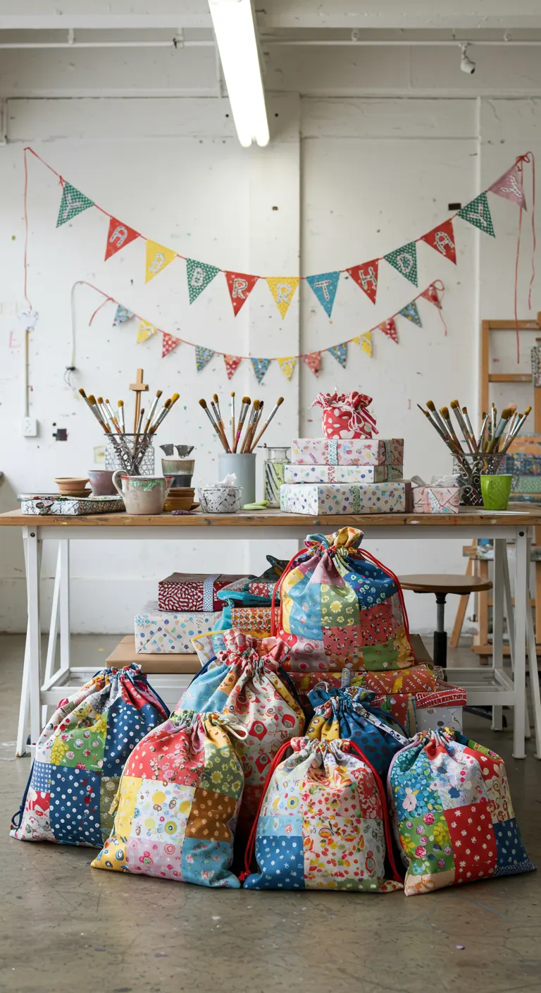 Bunte Patchwork-Stoffbeutel als Geschenkverpackung vor einem Basteltisch.