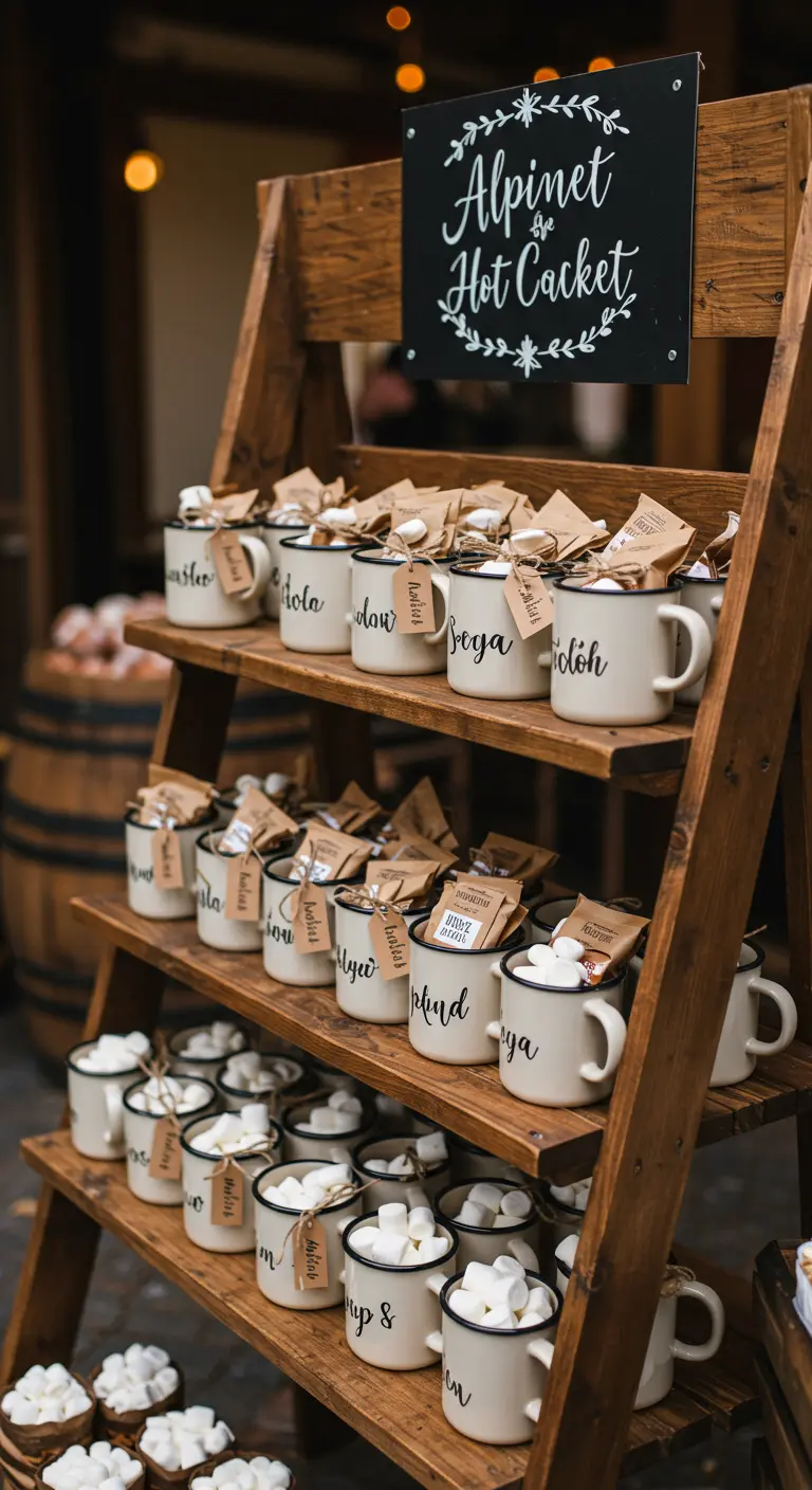 Eine Holz-Etagere voller weisser Emaille-Tassen, die als personalisierte Gastgeschenke dienen.