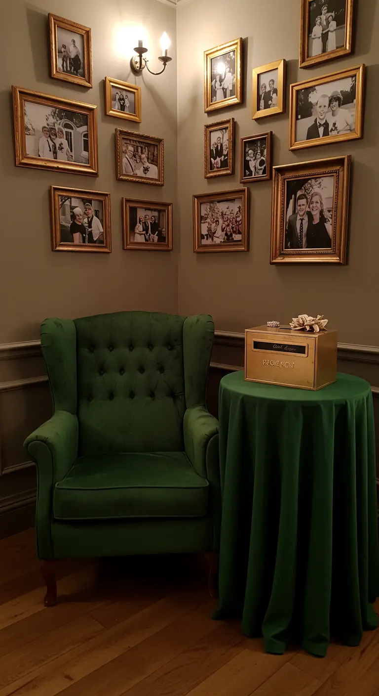 Grüner Samtsessel und Tisch neben einer Wand mit vielen goldgerahmten Familienfotos