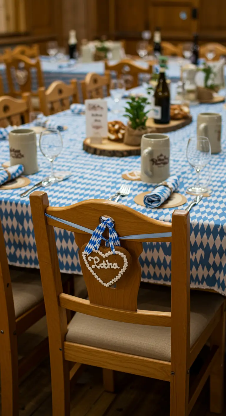 Holzstuhl mit einem Lebkuchenherz, das mit Namen beschriftet als Platzkarte dient.