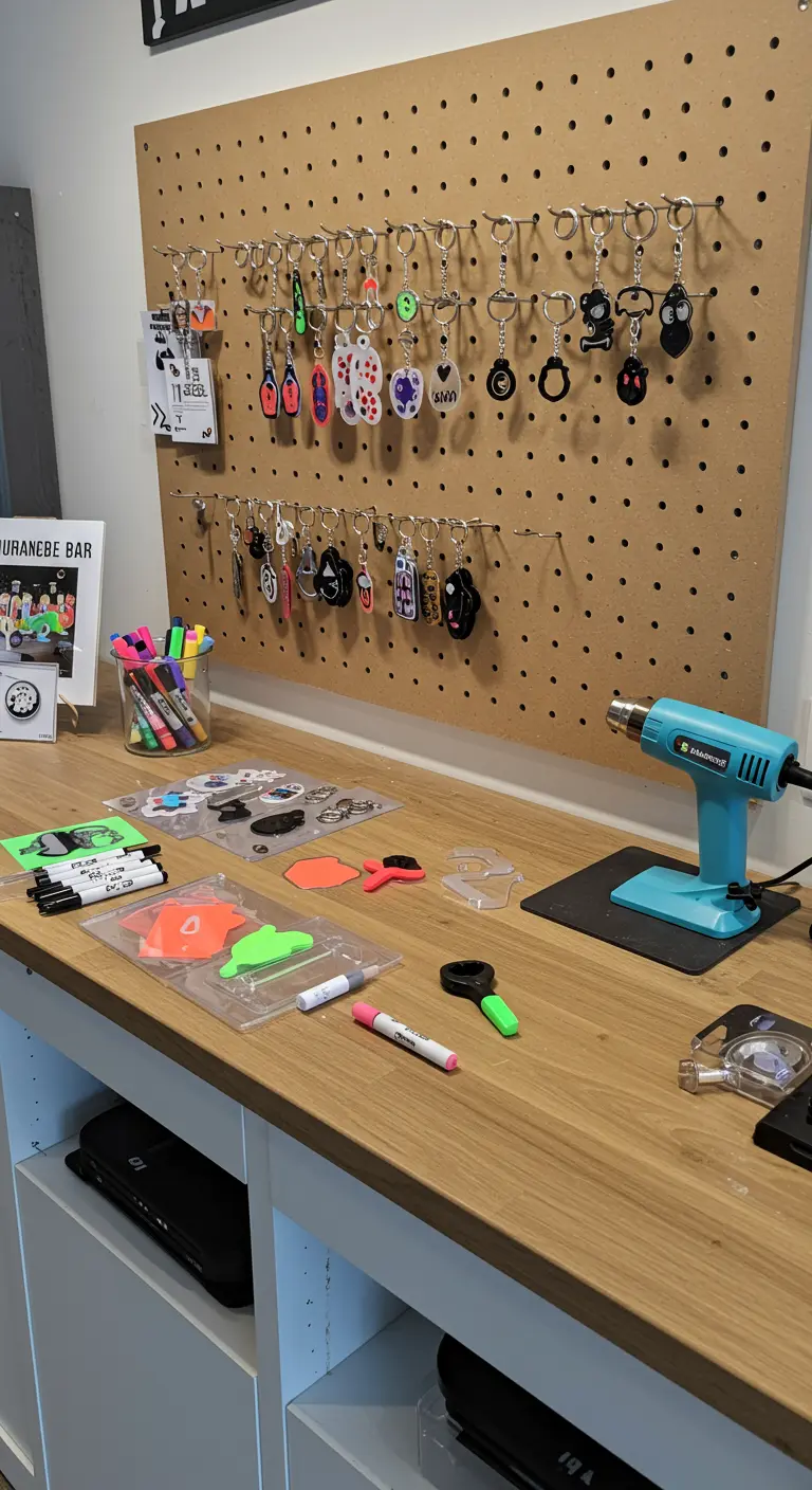 Werkbank mit Schrumpffolie, Stiften und einem Heißluftfön zur Herstellung von Schlüsselanhängern.