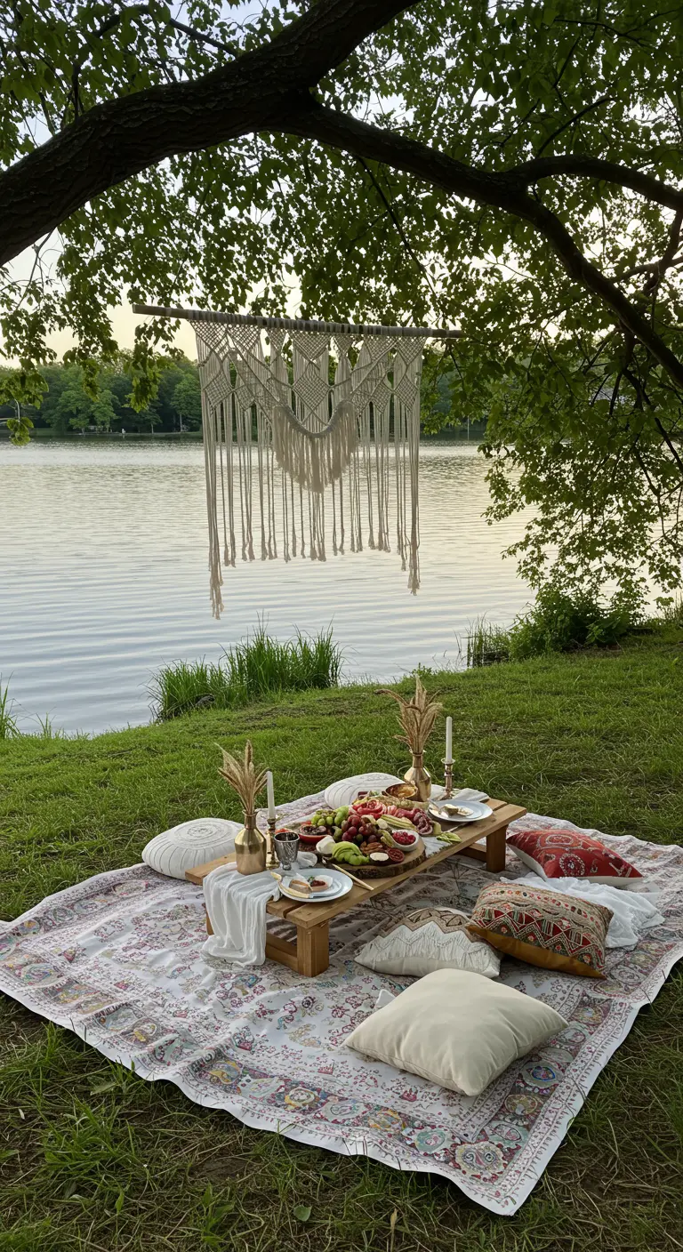 Ein Makramee-Wandbehang hängt an einem Baum über einer Picknick-Szene am Seeufer.