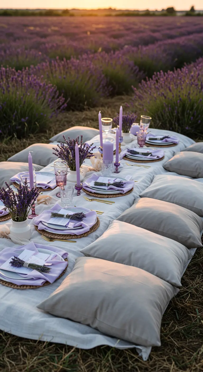 Picknick-Setup in einem Lavendelfeld mit lila Kerzen und Lavendel-Sträußen.