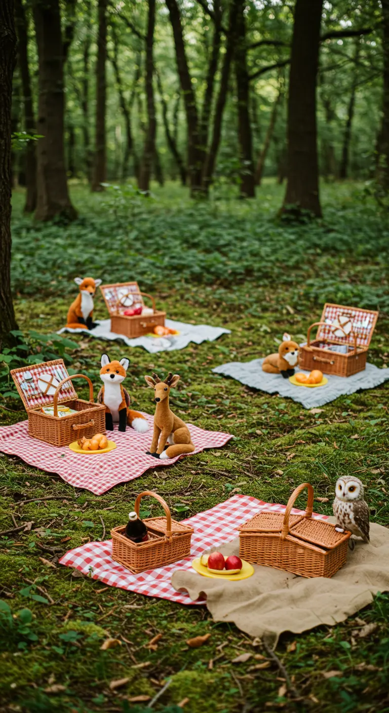 Mehrere kleine Picknickdecken im Wald mit Körben und Plüschtieren