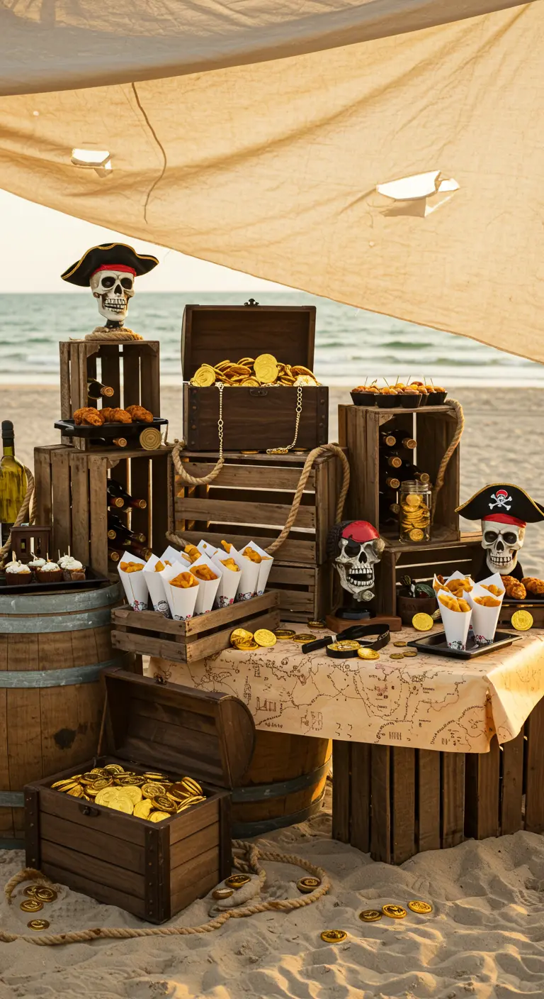 Piraten-Buffet am Strand mit Schatztruhen, Goldmünzen, Holzkisten und Totenkopf-Deko