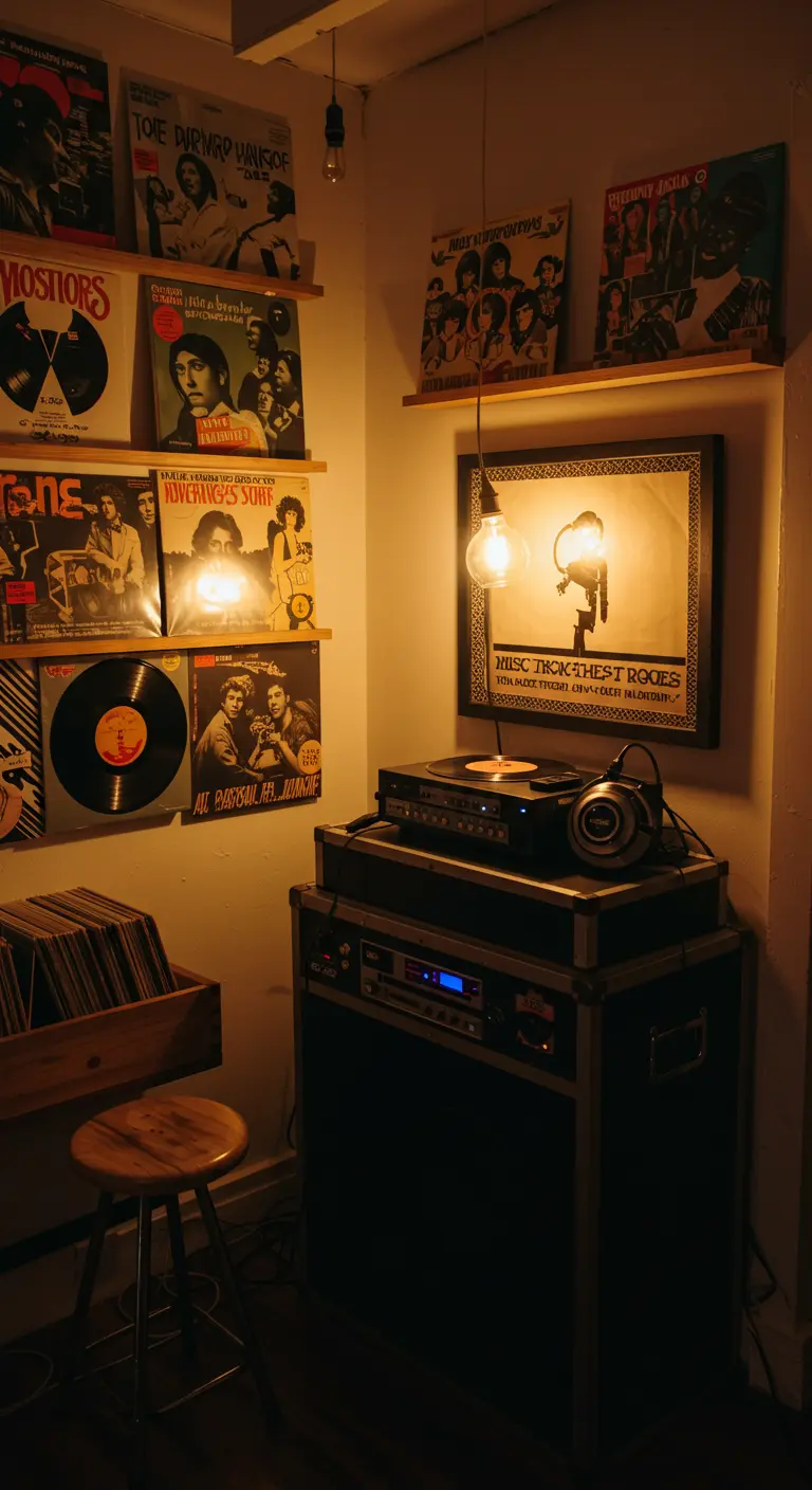 Eine gemütliche Ecke mit Plattenspieler und Regalen voller alter Schallplatten.