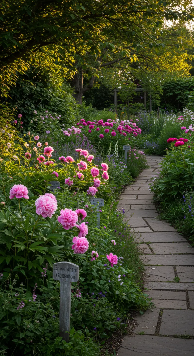 Verwittertes Holzschild mit Gravur für Pfingstrosen an einem Gartenweg.