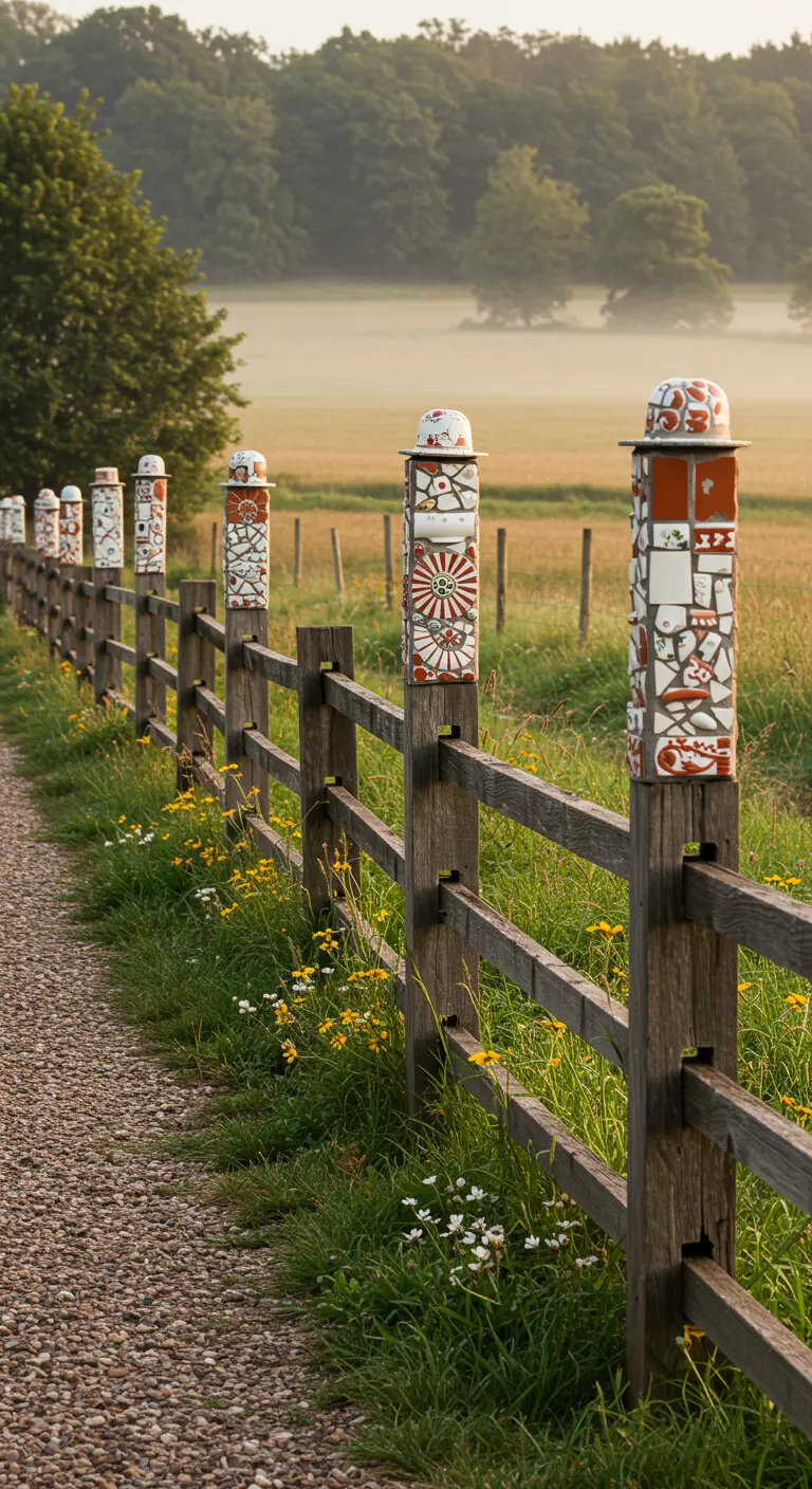 Holz-Zaunpfähle mit Mosaik-Kappen aus roten und weißen Keramikscherben an einem Feldweg.