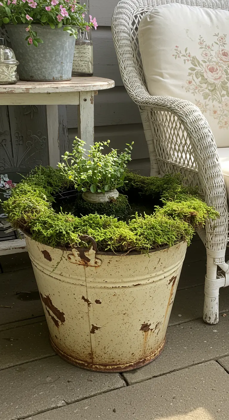 Ein alter, cremefarbener Eimer mit Roststellen und üppigem Moosrand als Mini-Teich.