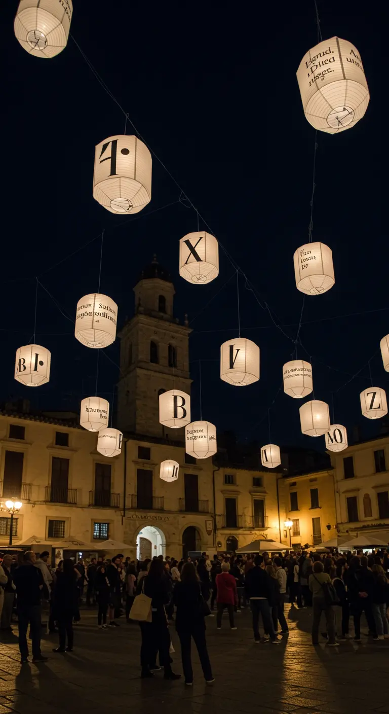 Quadratische Papierlampions mit schwarzen Buchstaben schweben über einem nächtlichen Stadtplatz.