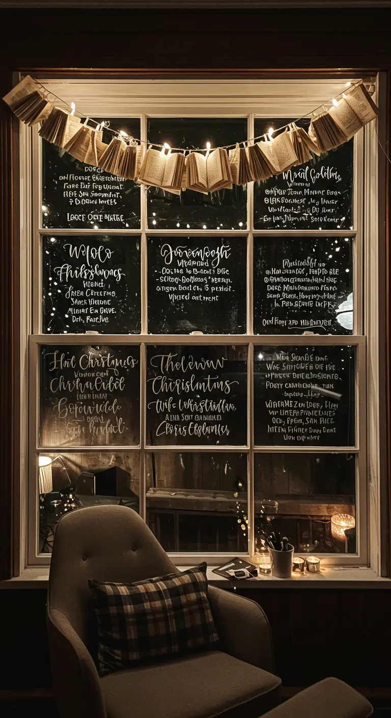 Fenster mit handgeschriebenen Weihnachtsbotschaften und einer Lichterkette aus alten Büchern.