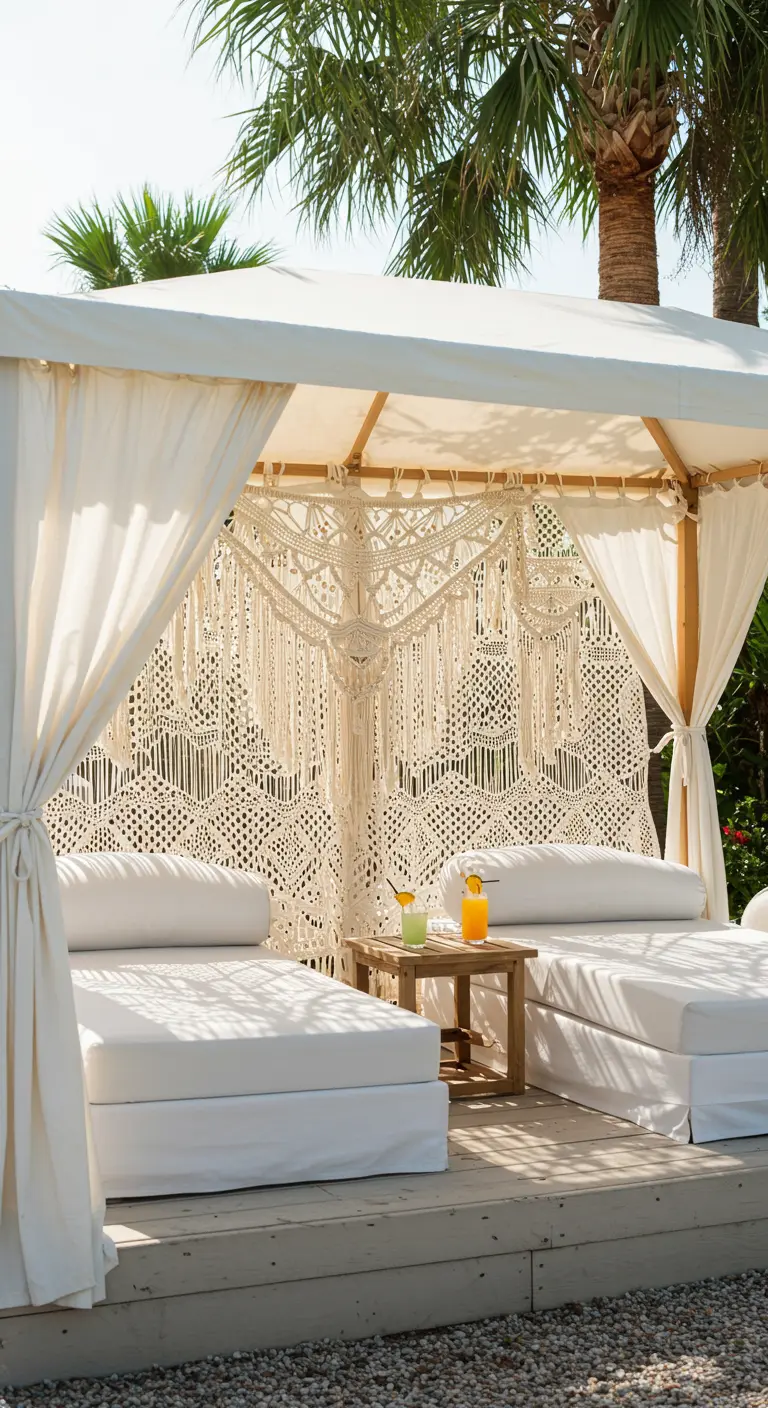 Eine weiße Pool-Cabana, deren Rückwand mit einem kunstvollen Makramee-Vorhang geschmückt ist.