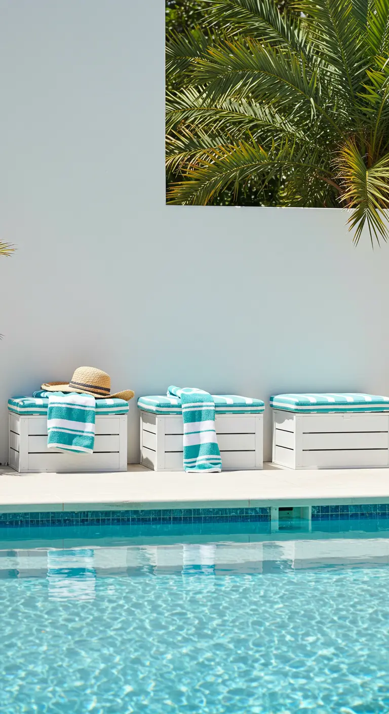Weiß gestrichene Weinkisten mit türkis-gestreiften Kissen am Rand eines Pools.