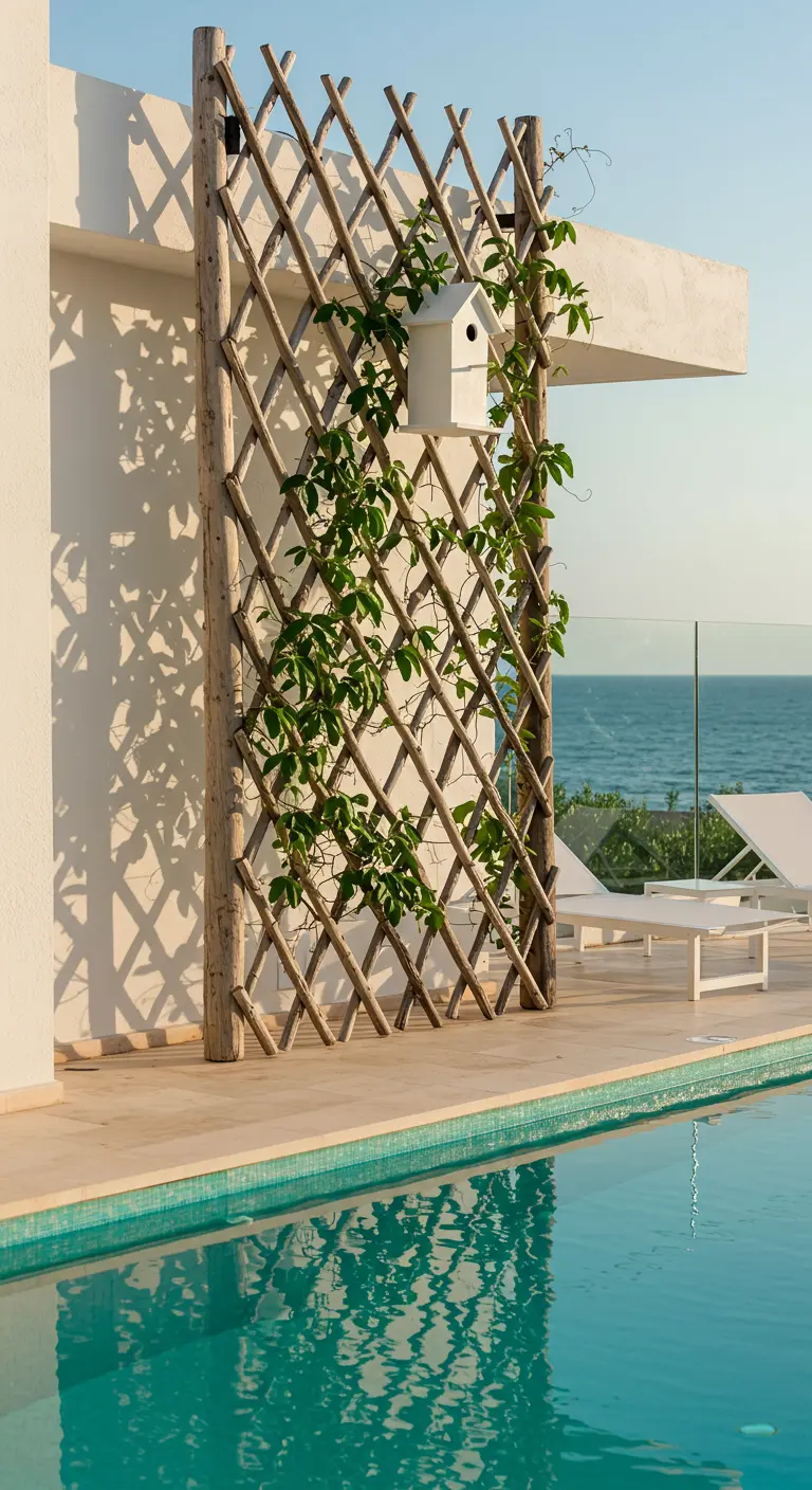 Treibholz-Rankgitter als Sichtschutz am Pool einer modernen Villa.