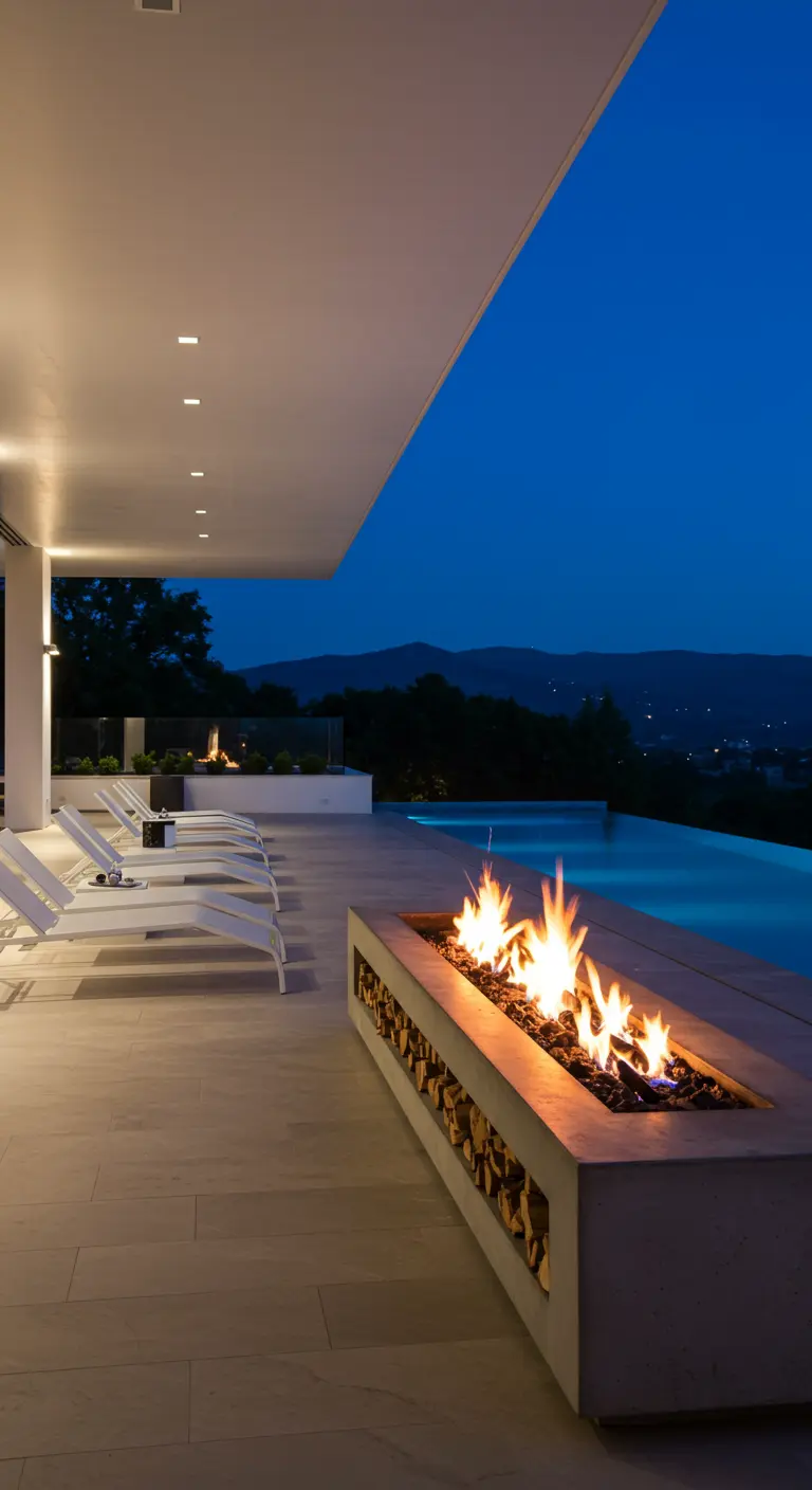 Moderne, lange Beton-Feuerstelle am Rande eines Pools bei Nacht.