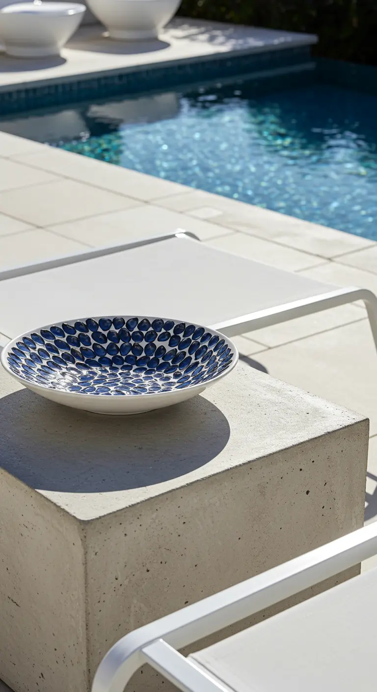 Blau-weiß gemusterte Mosaikschale auf einem Betonwürfel neben einem Swimmingpool.