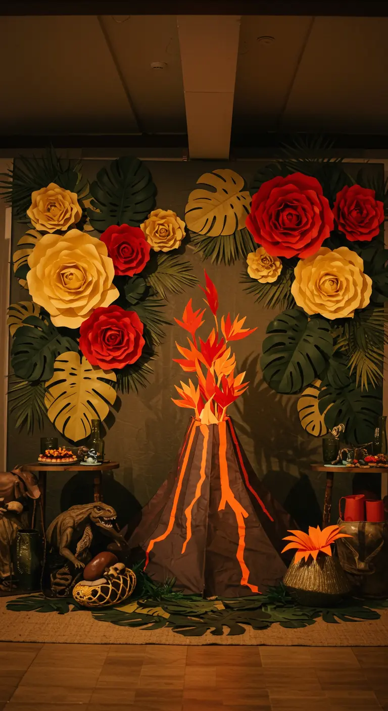 Dinosaurier-Partydeko mit Papierblumen, Monstera-Blättern und einem Papp-Vulkan.