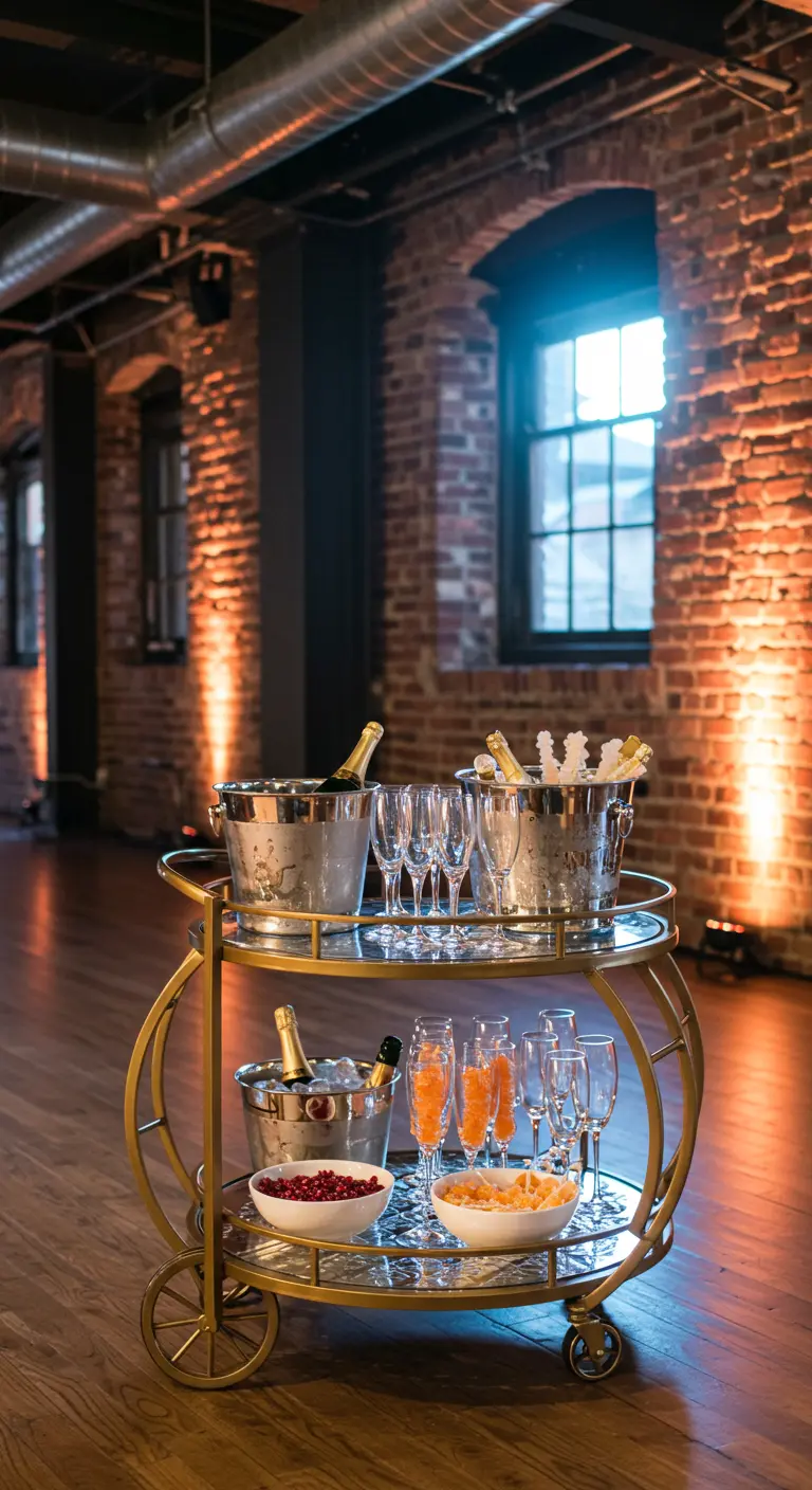 Goldener runder Barwagen mit Champagnerkühlern und Gläsern in einem industriellen Loft