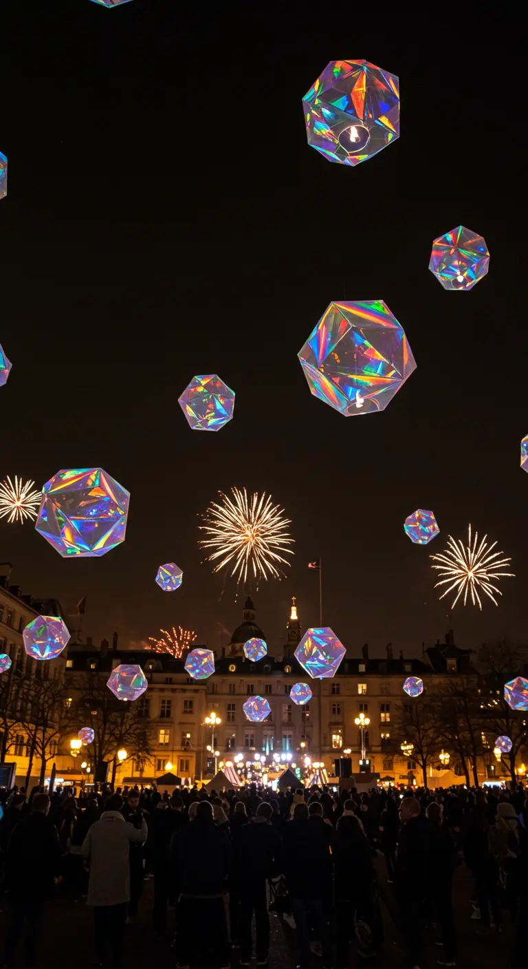 Leuchtende, geometrische Kristall-Laternen schweben vor einem nächtlichen Himmel mit Feuerwerk.