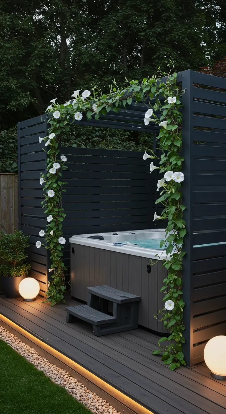 Ein Whirlpool, umgeben von einer dunklen Pergola, an der weiße Prunkwinden ranken.