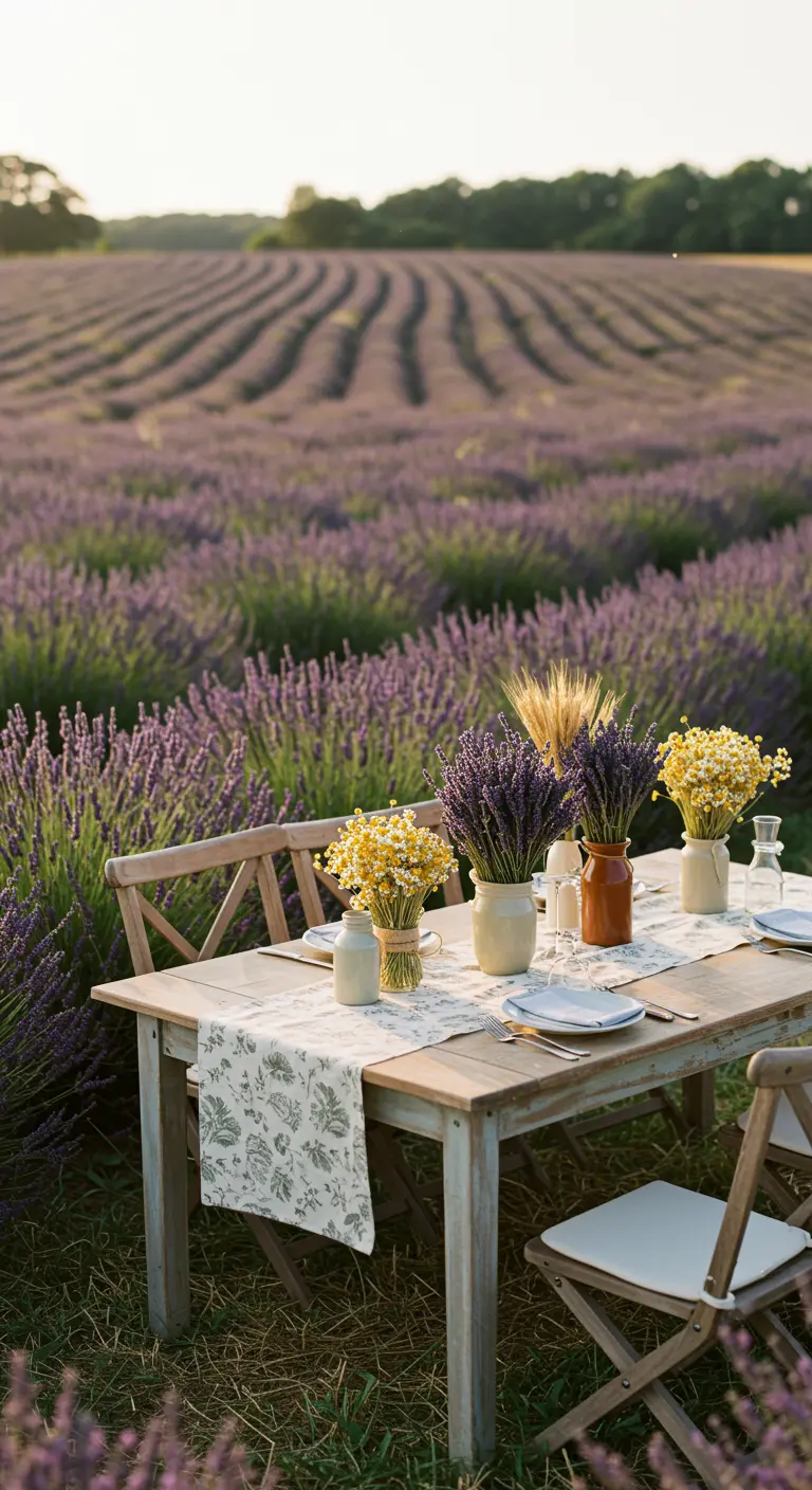 Holztisch inmitten eines Lavendelfeldes, dekoriert mit Krügen voller getrocknetem Lavendel und Wildblumen